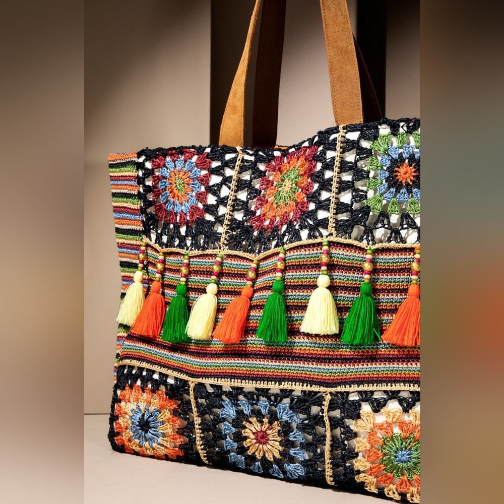 Vibrant Floral & Striped Hand Crocheted Shoulder Bag w/ Colorful Tassel Accents - Picture 7 of 11